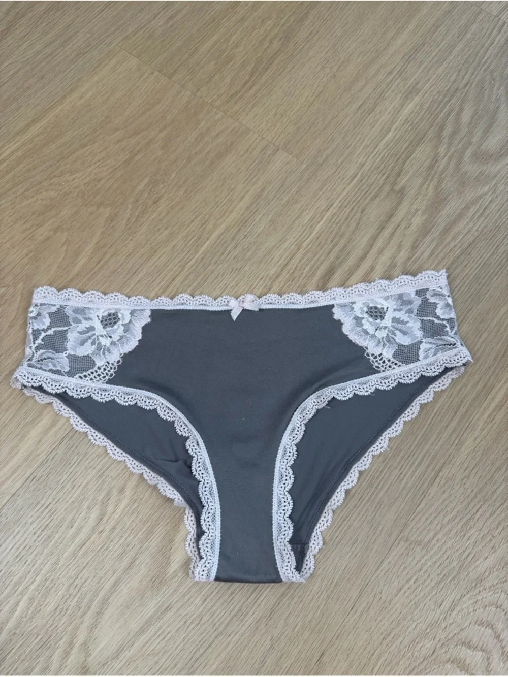Victoria's Secret Gray Bikini Panty with White Lace Trim